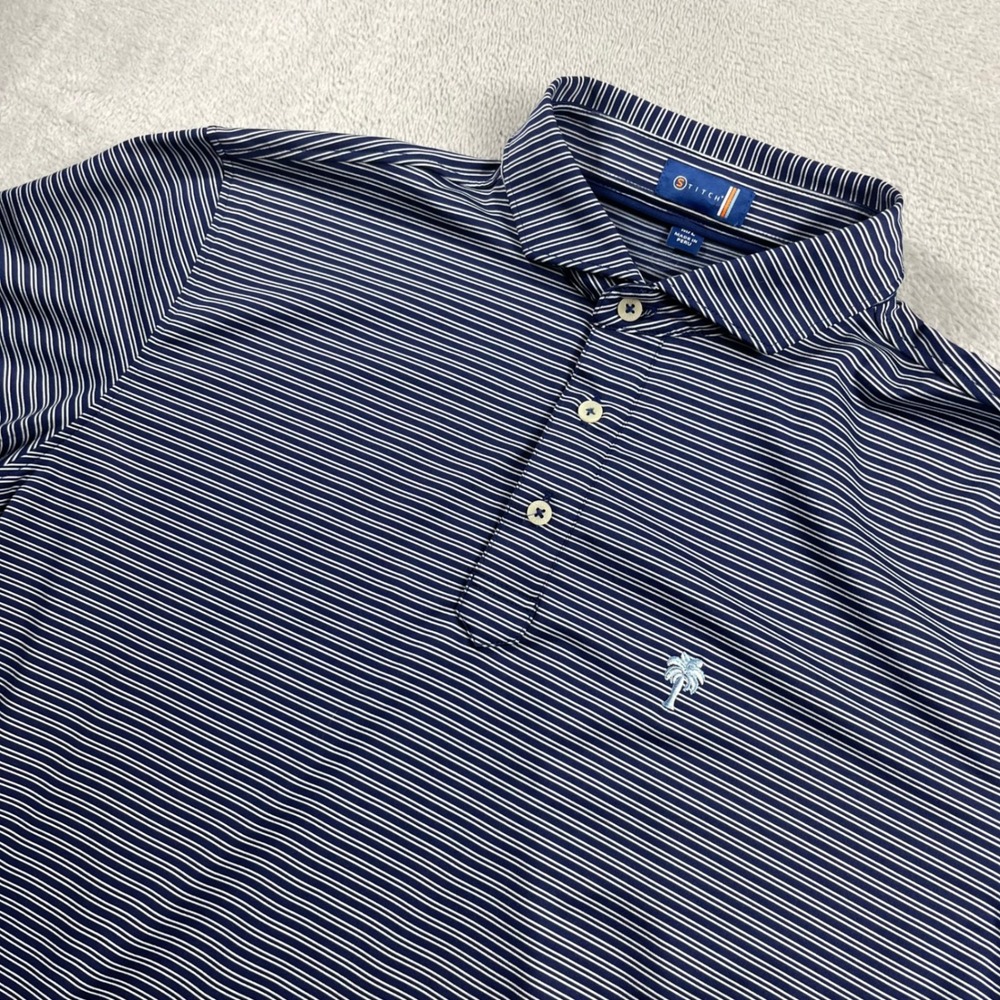 Stitch Golf Mens Blue White Striped Palm Tree Polo Shirt Size M/L Peru